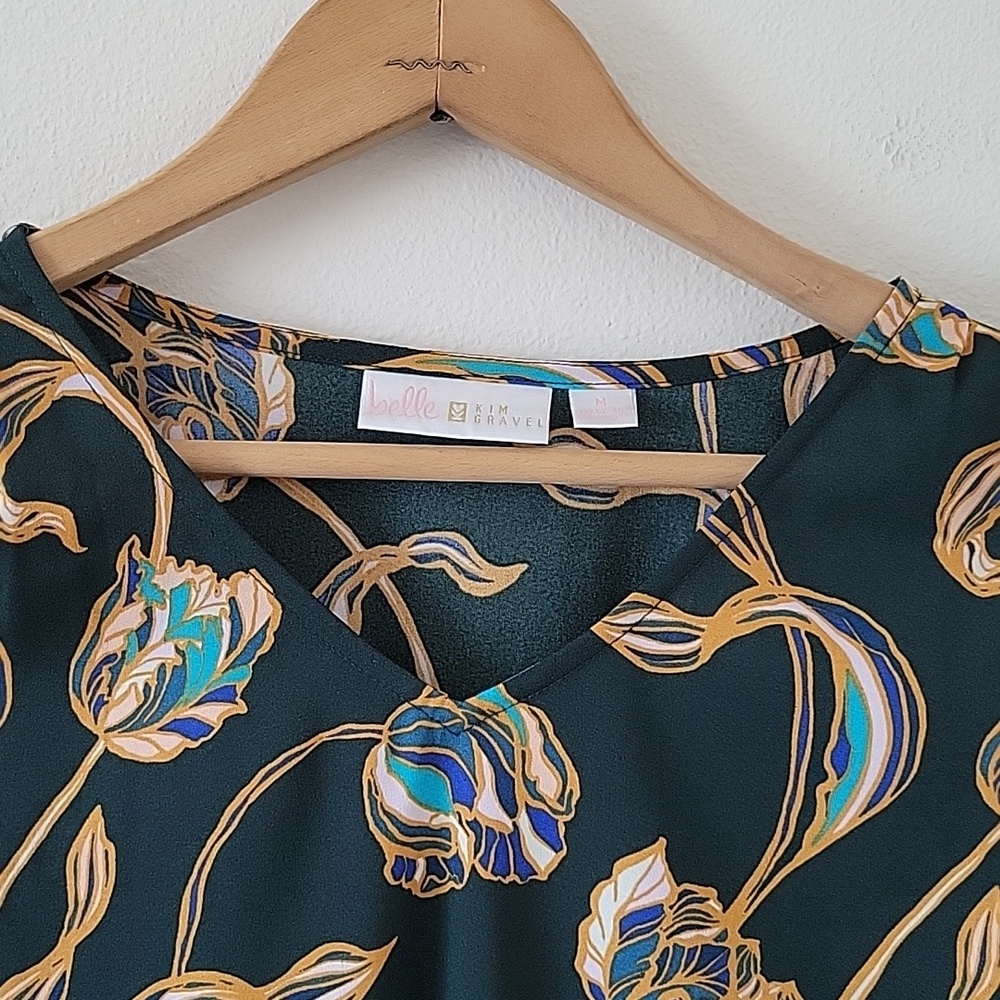 Belle by Kim Gravel Dark Green Stained Glass Fall Floral Blouse Size Medium - Picture 3 of 8